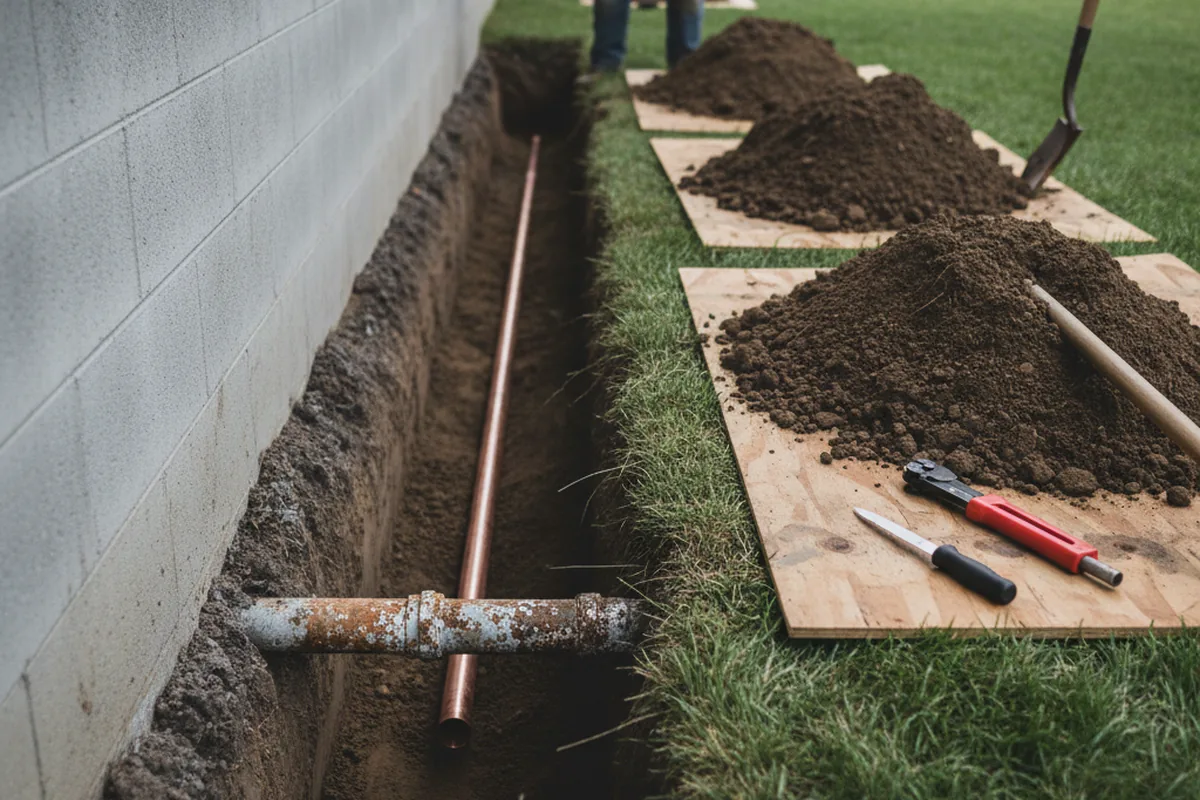 Excavated water line trench during Water Softener Installation in Highland